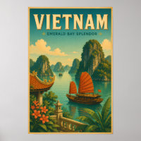 Vietnam Ha Long Bay Illustration Travel Art Retro