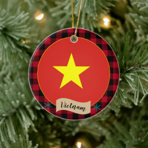 Vietnam, Red buffalo plaid & Vietnamese Flag Ceramic Tree Decoration