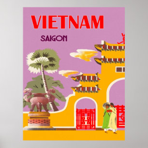 Vietnam, Saigon city, vintage travel Poster