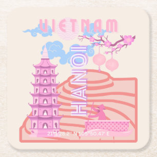 Vietnam Travel Art, Pink Square Paper Coaster