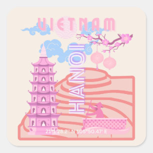 Vietnam Travel Art, Pink Square Sticker