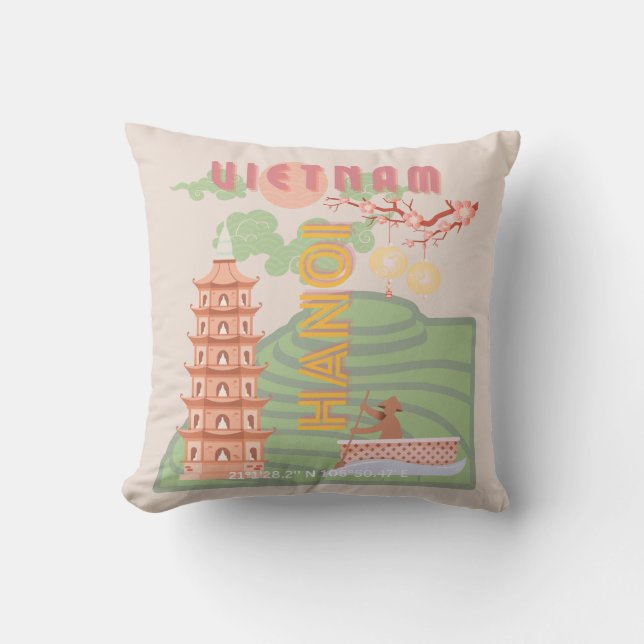 Vietnam Travel Art, Vintage Cushion (Front)