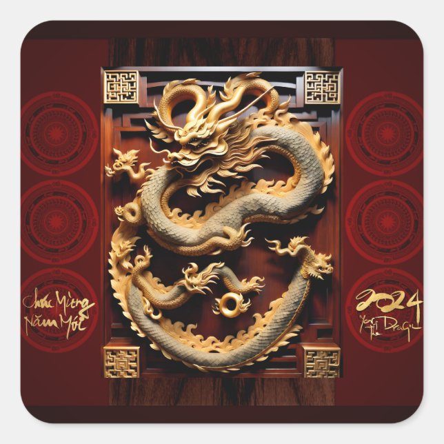 Vietnamese Drums Têt Dragon New Year Scupture 2024 Square Sticker (Front)