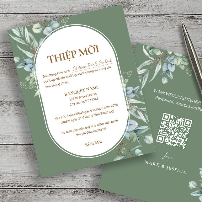 Vietnamese Eucalypt Wedding Thiệp Mời with QR code (Creator Uploaded)