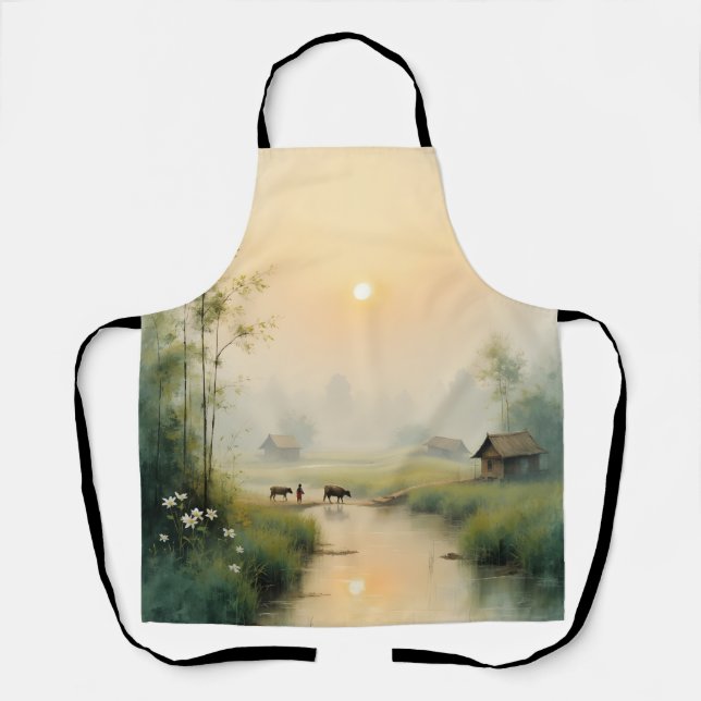 Vietnamese Morning Mist Village Watercolor Art Apron (Front)