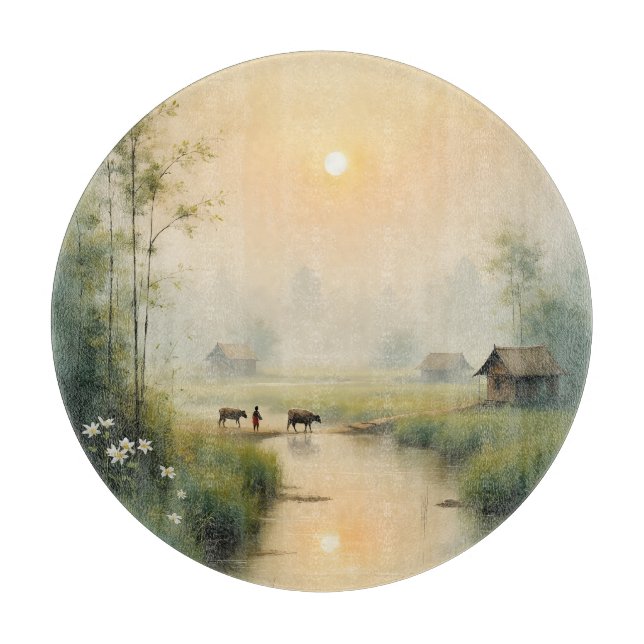 Vietnamese Morning Mist Village Watercolor Art Cutting Board (Front)