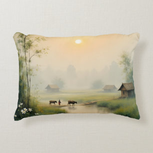 Vietnamese Morning Mist Village Watercolor Art Decorative Cushion