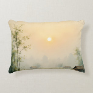 Vietnamese Morning Mist Village Watercolor Art Decorative Cushion
