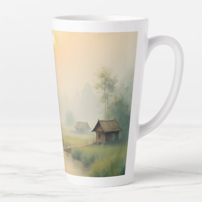 Vietnamese Morning Mist Village Watercolor Art Latte Mug (Right)