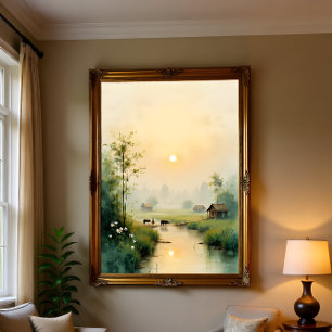 Vietnamese Morning Mist Village Watercolor Art Poster