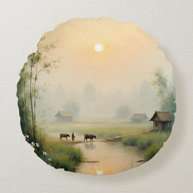 Vietnamese Morning Mist Village Watercolor Art Round Cushion (Front)