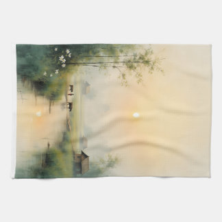 Vietnamese Morning Mist Village Watercolor Art Tea Towel