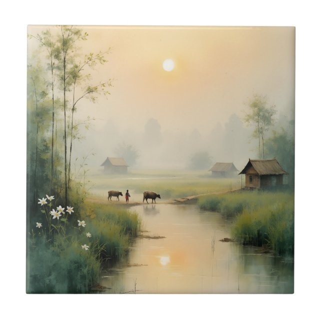 Vietnamese Morning Mist Village Watercolor Art Tile (Front)