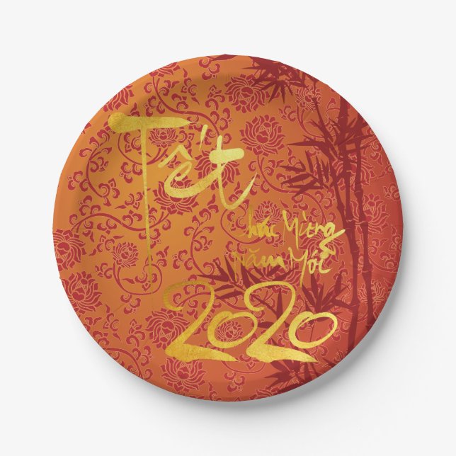 Vietnamese Têt 2020 in gold decorated Party PP Paper Plate (Front)