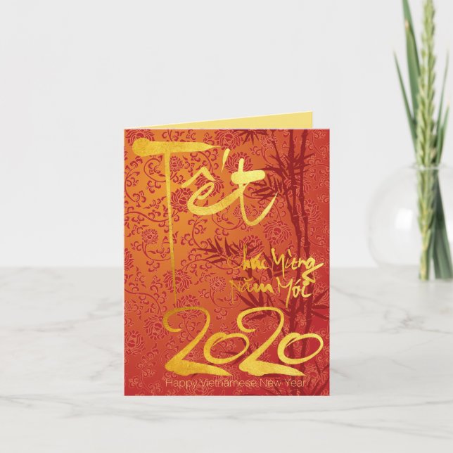 Vietnamese Têt 2020 in gold decorated Small GC Holiday Card (Front)