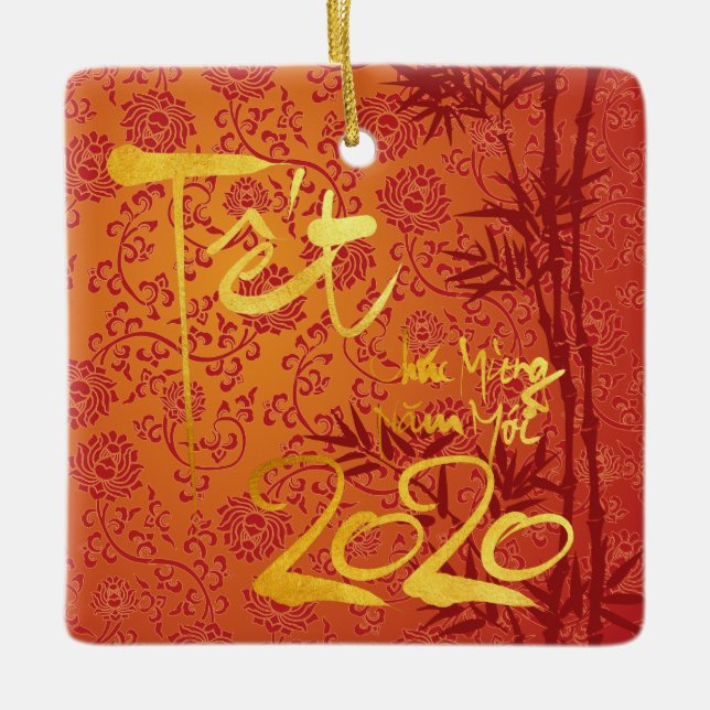 Vietnamese Têt 2020 in gold decorated Square CO Ceramic Ornament (Front)