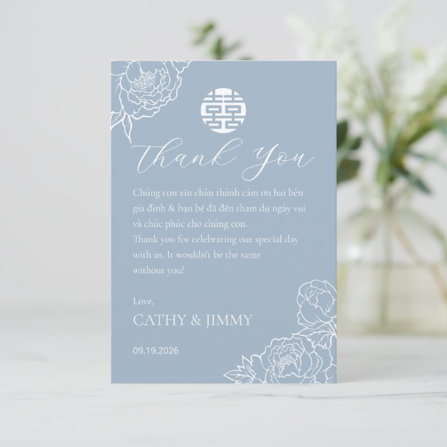 Vietnamese Wedding Peony Dusty Blue Thank You Card (Standing Front)