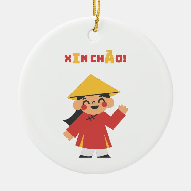 “Vietnamese ‘Xin Chào!’ Keychain – Cultural Gift Ceramic Tree Decoration (Front)