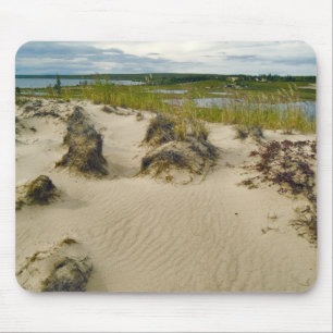 View from a sandy hilltop of lakes and hills on mouse mat