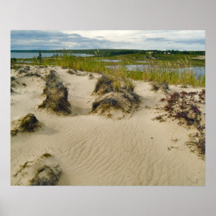View from a sandy hilltop of lakes and hills on poster