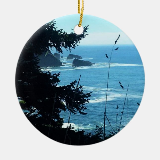 View from Hart's Cove, Oregon Coast Ceramic Tree Decoration (Front)