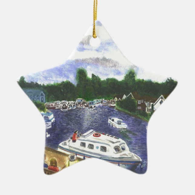 View from Wroxham Bridge Norfolk Broads Ceramic Tree Decoration (Front)
