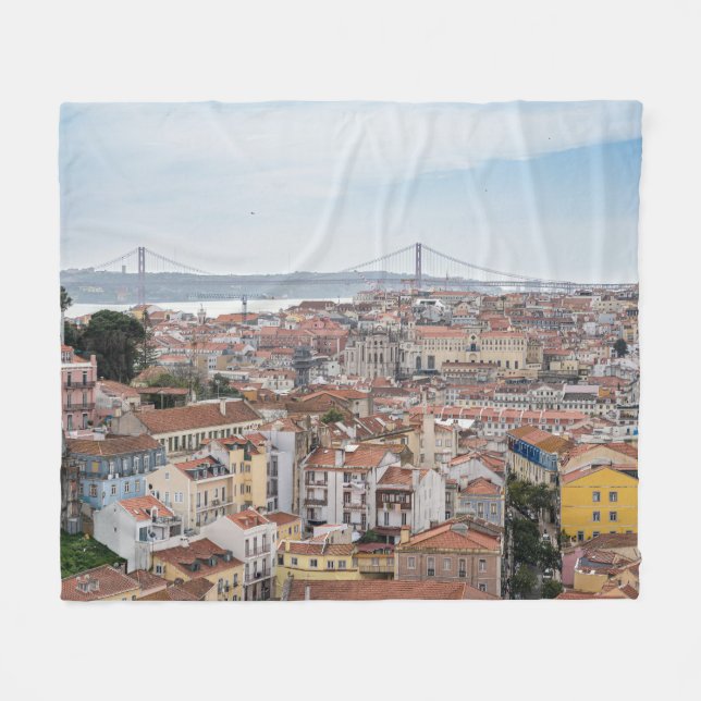 View in Lisbon old town and 25th of April Bridge Fleece Blanket (Front (Horizontal))