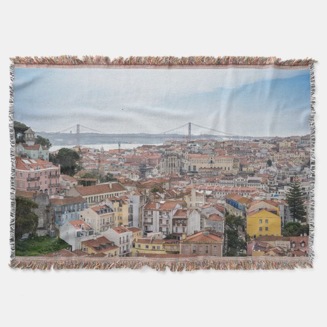 View in Lisbon old town and 25th of April Bridge Throw Blanket (Front)