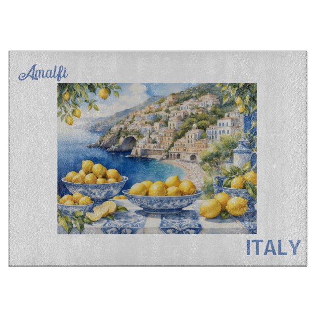 View Italian Amalfi Coast blue white tiles lemons  Cutting Board (Front)