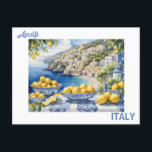 View Italian Amalfi Coast blue white tiles lemons  Postcard<br><div class="desc">In watercolor art : in Italy beautiful view of the coast of Amalfi,  floral blue and white italian tiles with lemons and ceramics for your postacard
Bellissima Italia Shop©️</div>
