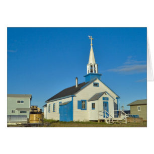 View of a blue and white church in Dene tribe
