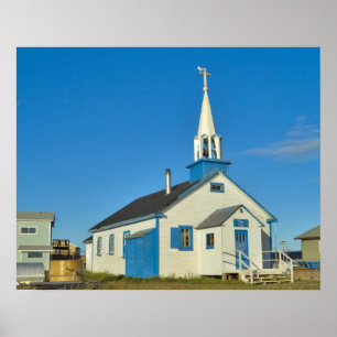 View of a blue and white church in Dene tribe Poster