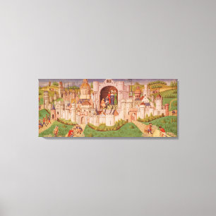 View of a city with labourers paving roads canvas print