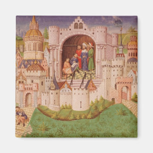 View of a city with labourers paving roads magnet