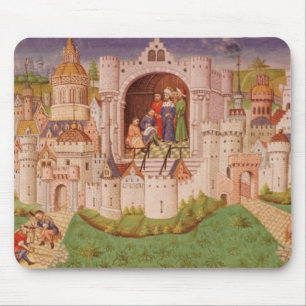 View of a city with labourers paving roads mouse mat