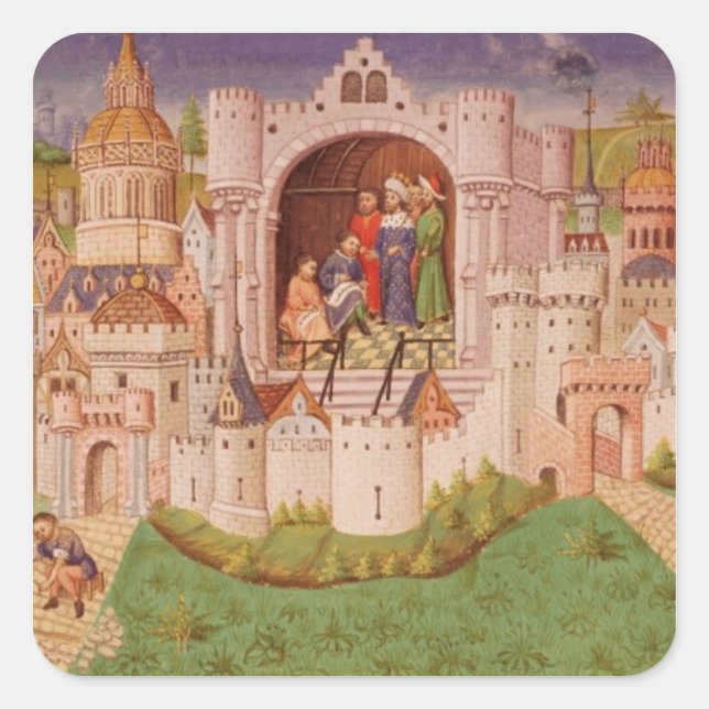 View of a city with labourers paving roads square sticker (Front)
