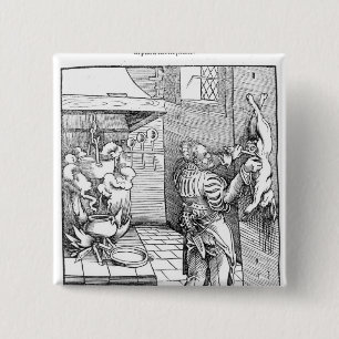 View of a sixteenth century kitchen with cook 15 cm square badge
