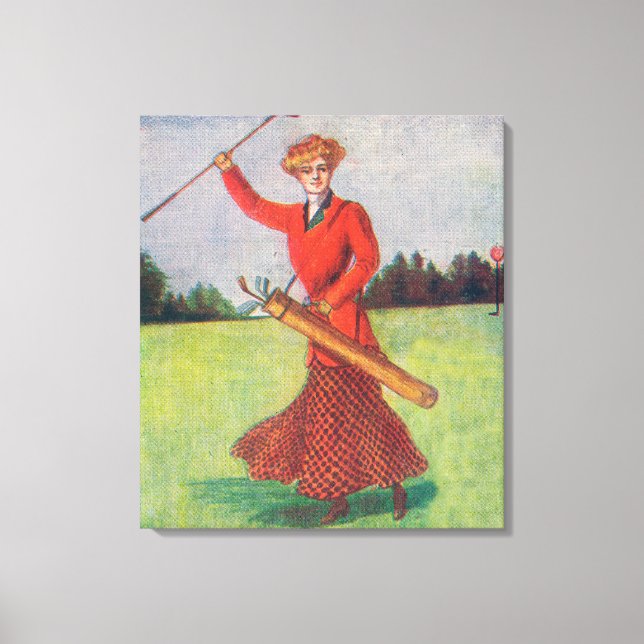 View of a Woman in Red Golfing Canvas Print (Front)