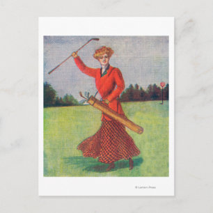 View of a Woman in Red Golfing Postcard