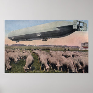 View of a Zeppelin Blimp over Grazing Sheep Poster