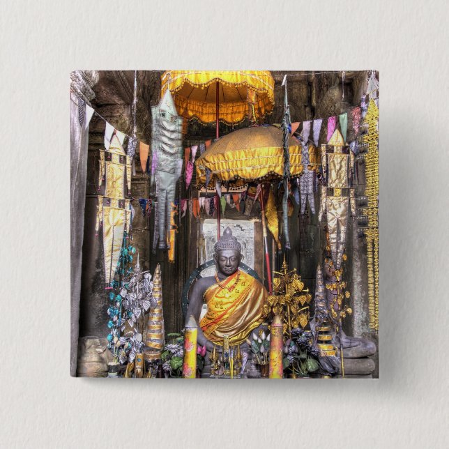 View of altar area inside Buddhist temple, 15 Cm Square Badge (Front)