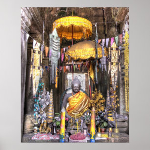 View of altar area inside Buddhist temple, Poster