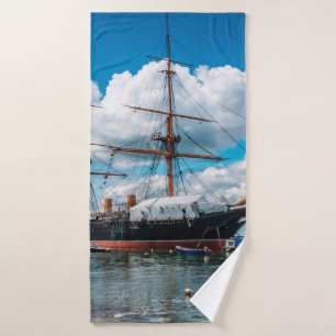 View of an historic Victorian armoured frigate bat Bath Towel