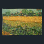 View of Arles with Irises by Vincent van Gogh Tea Towel<br><div class="desc">View of Arles with Irises in the Foreground by Vincent van Gogh is a vintage fine art post impressionism landscape nature painting. A wheat field with purple iris flowers in the foreground on a farm. Trees and the town of Arles with houses are in the background. About the artist: Vincent...</div>