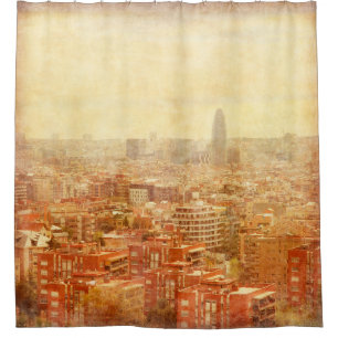 View of Barcelona in grunge and retro style. barce Shower Curtain