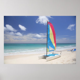 View Of Beach With Sailboat Poster