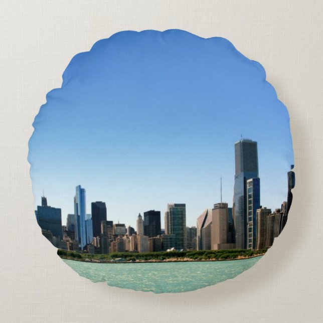 View of Chicago skyline by Lake Michigan Round Cushion (Front)