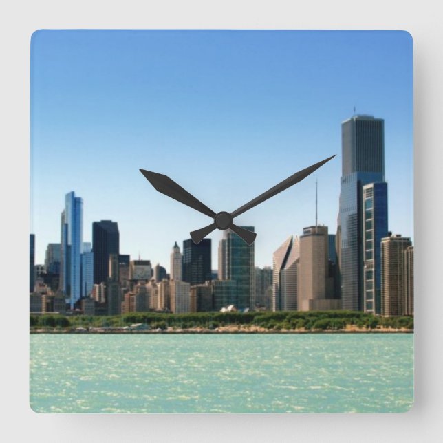 View of Chicago skyline by Lake Michigan Square Wall Clock (Front)