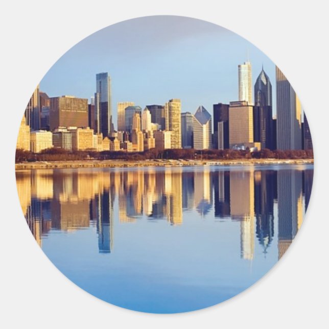 View of Chicago skyline with reflection Classic Round Sticker (Front)