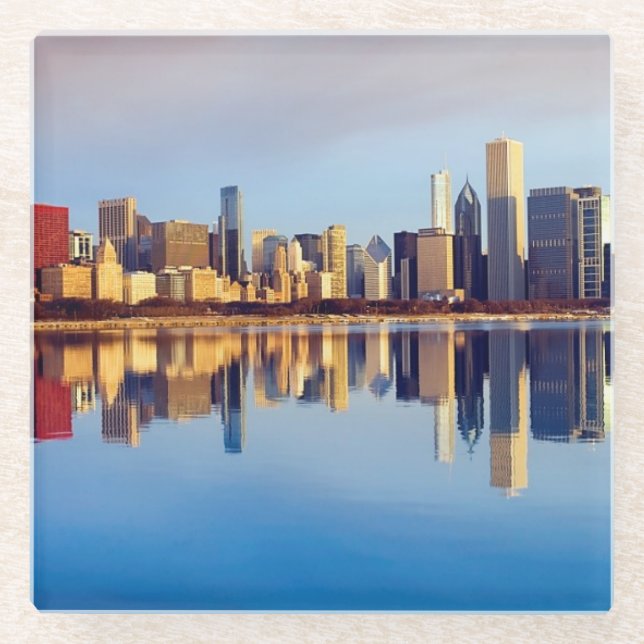 View of Chicago skyline with reflection Glass Coaster (Front)